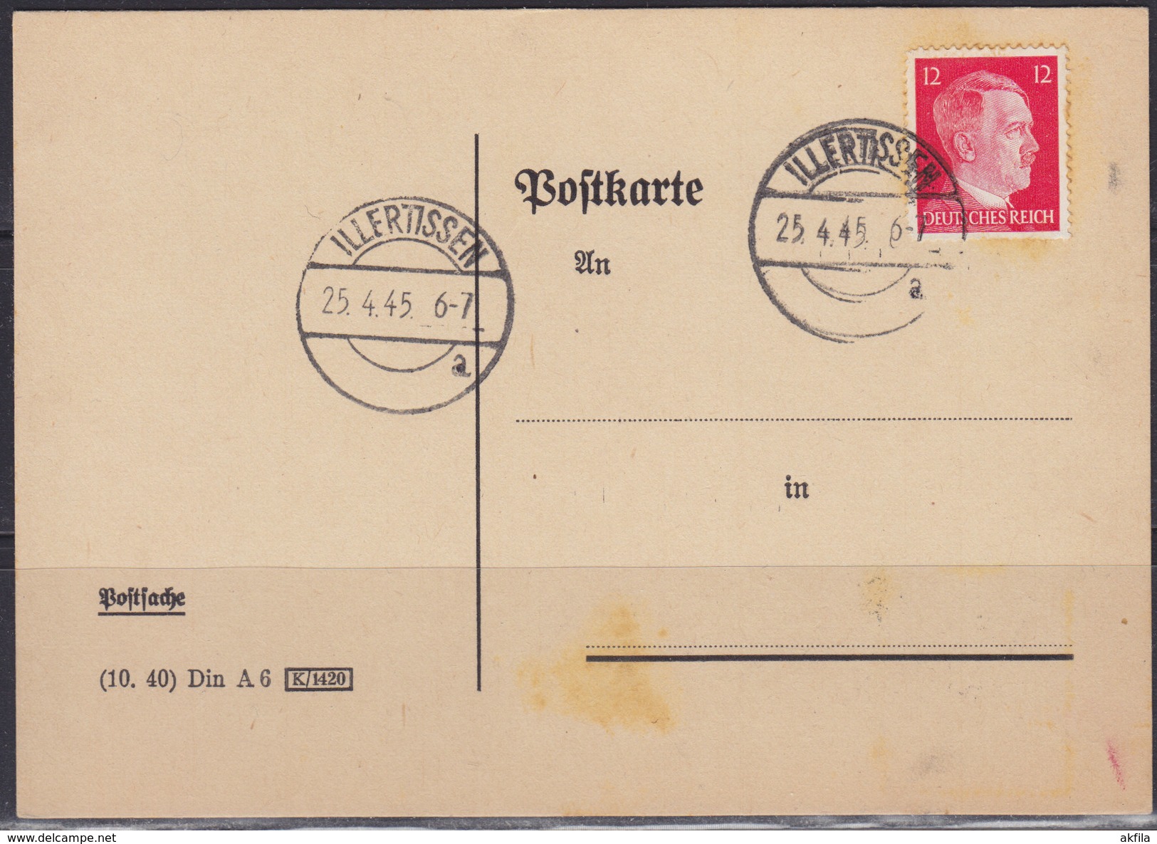 Germany (Deutsches Reich) 25.IV.1945 Illertissen; Postal (stamped) Stationery - Autres & Non Classés