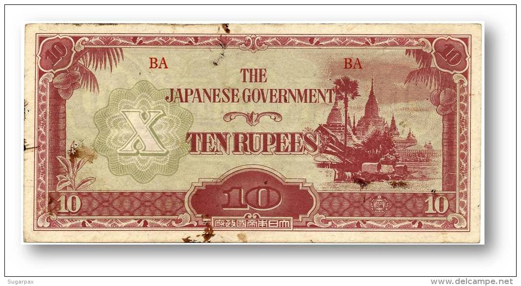 BURMA ( Now Myanmar ) - WWII - Japanese Occupation - 10 Rupees - ND ( 1942 - 44 ) - P 16.b - Serie BA - W/o Wmk - Myanmar