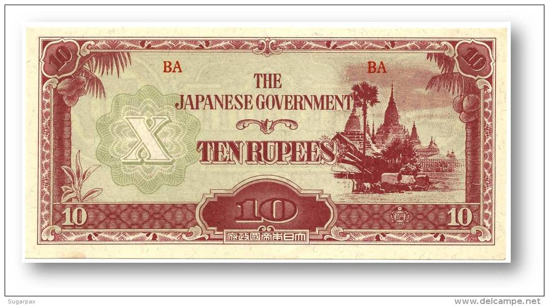 BURMA ( Now Myanmar ) - WWII - Japanese Occupation - 10 Rupees - ND ( 1942 - 44 ) - P 16.b - Serie BA - W/o Wmk - Myanmar