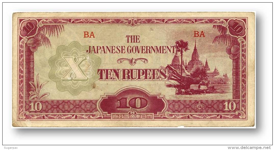 BURMA ( Now Myanmar ) - WWII - Japanese Occupation - 10 Rupees - ND ( 1942 - 44 ) - P 16.b - Serie BA - W/o Wmk - Myanmar