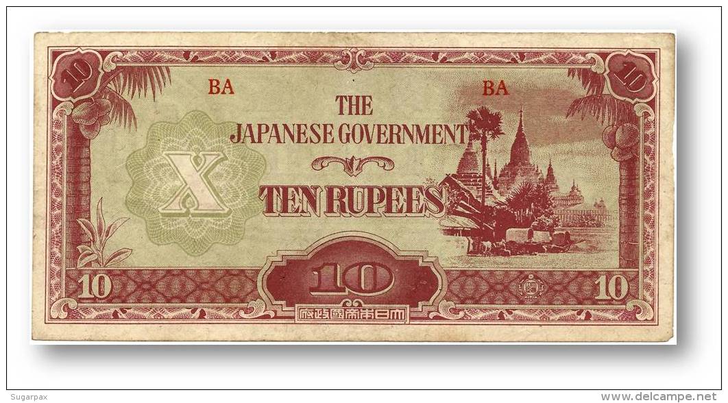 BURMA ( Now Myanmar ) - WWII - Japanese Occupation - 10 Rupees - ND ( 1942 - 44 ) - P 16.b - Serie BA - W/o Wmk - Myanmar