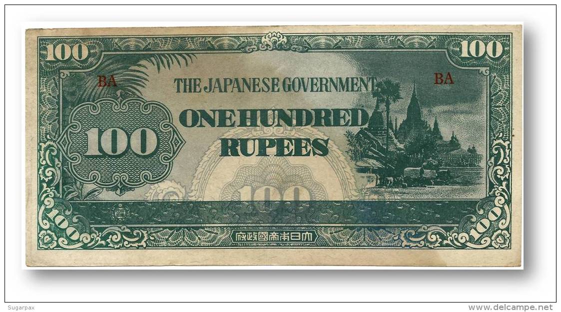 BURMA ( Now Myanmar ) - WWII - Japanese Occupation - 100 Rupees - ND ( 1944 ) - P 17.b - Serie BA - W/o Wmk - Myanmar