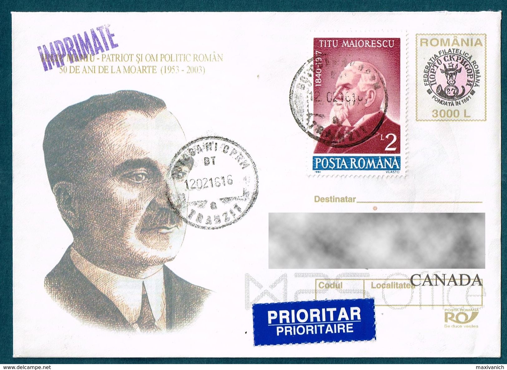 Romania Cover 2003 Iuliu Maniu. Titu Maiorescu 1990 Literary Critic And Politician. - Covers & Documents