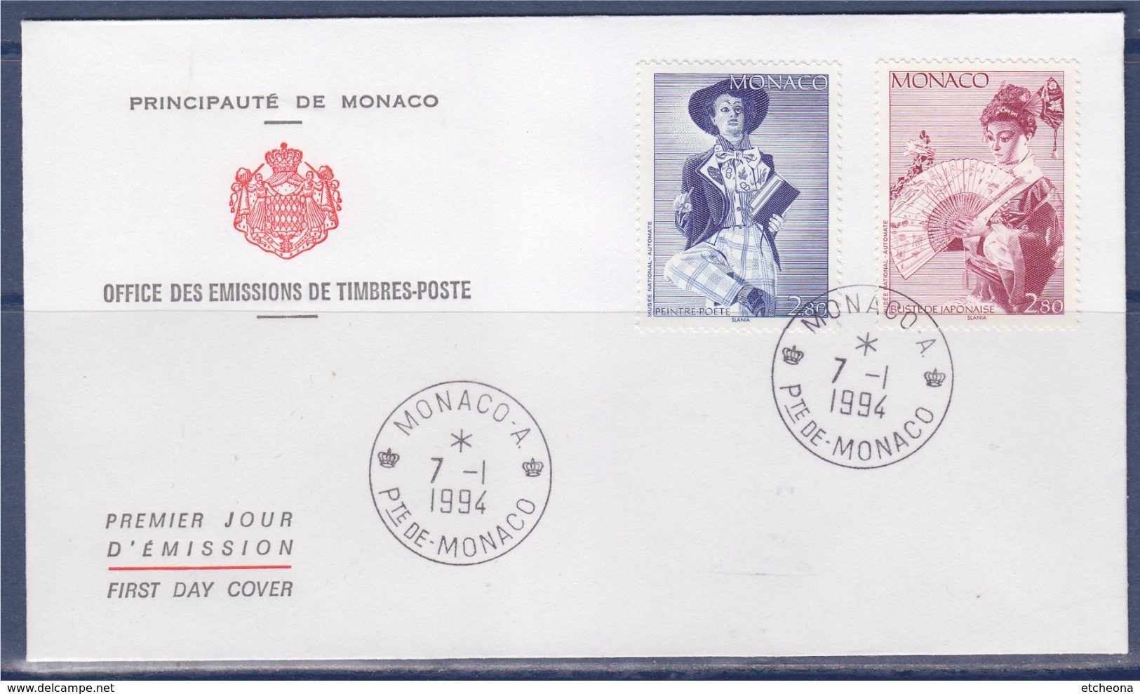 = Peintre Poète Et Buste De Japonaise Enveloppe Monaco 7.1.94 N°1919 & 1920 - Poststempel