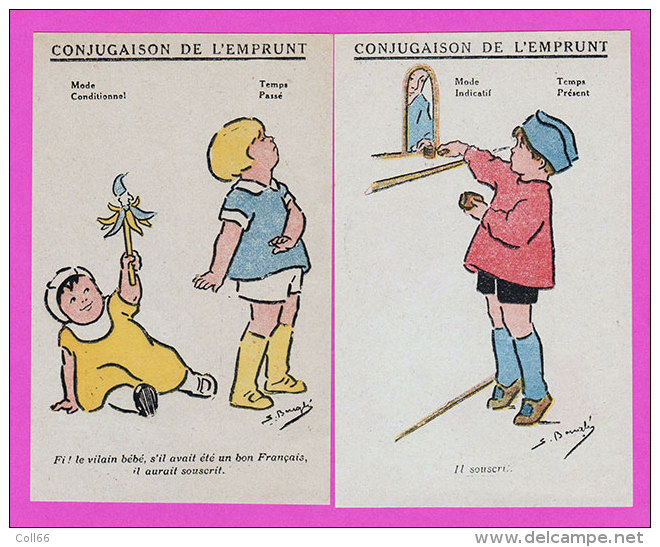 Ww1 Propagande Avec 6 Fiches Dessin D'enfants Conjugaison De L'Emprunt Par Illustrateur  Simone BougléTbe 9x14 Cm - Documents