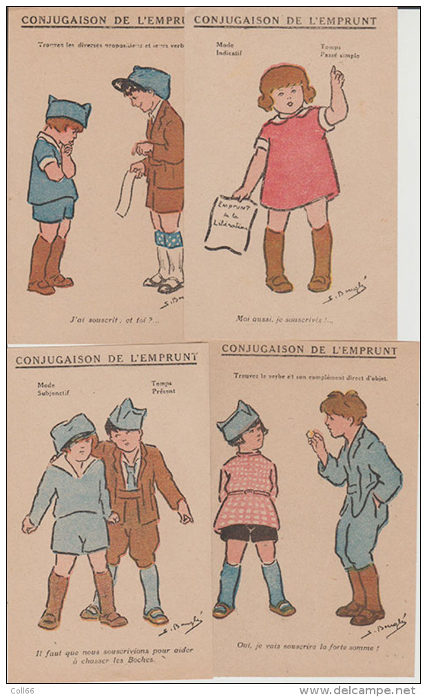 Ww1 Propagande Avec 6 Fiches Dessin D'enfants Conjugaison De L'Emprunt Par Illustrateur  Simone BougléTbe 9x14 Cm - Documents