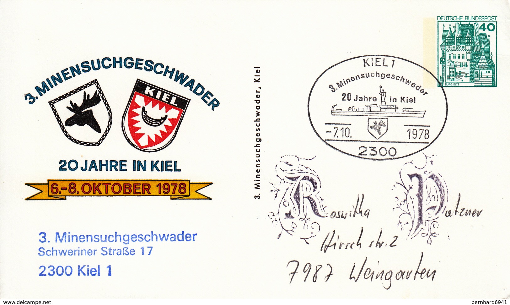 NPP 100/80 3.Minensuchgeschwader 20 Jahre Kiel 6-8-Oktober 1978,  Kiel 1 - Postales Privados - Usados