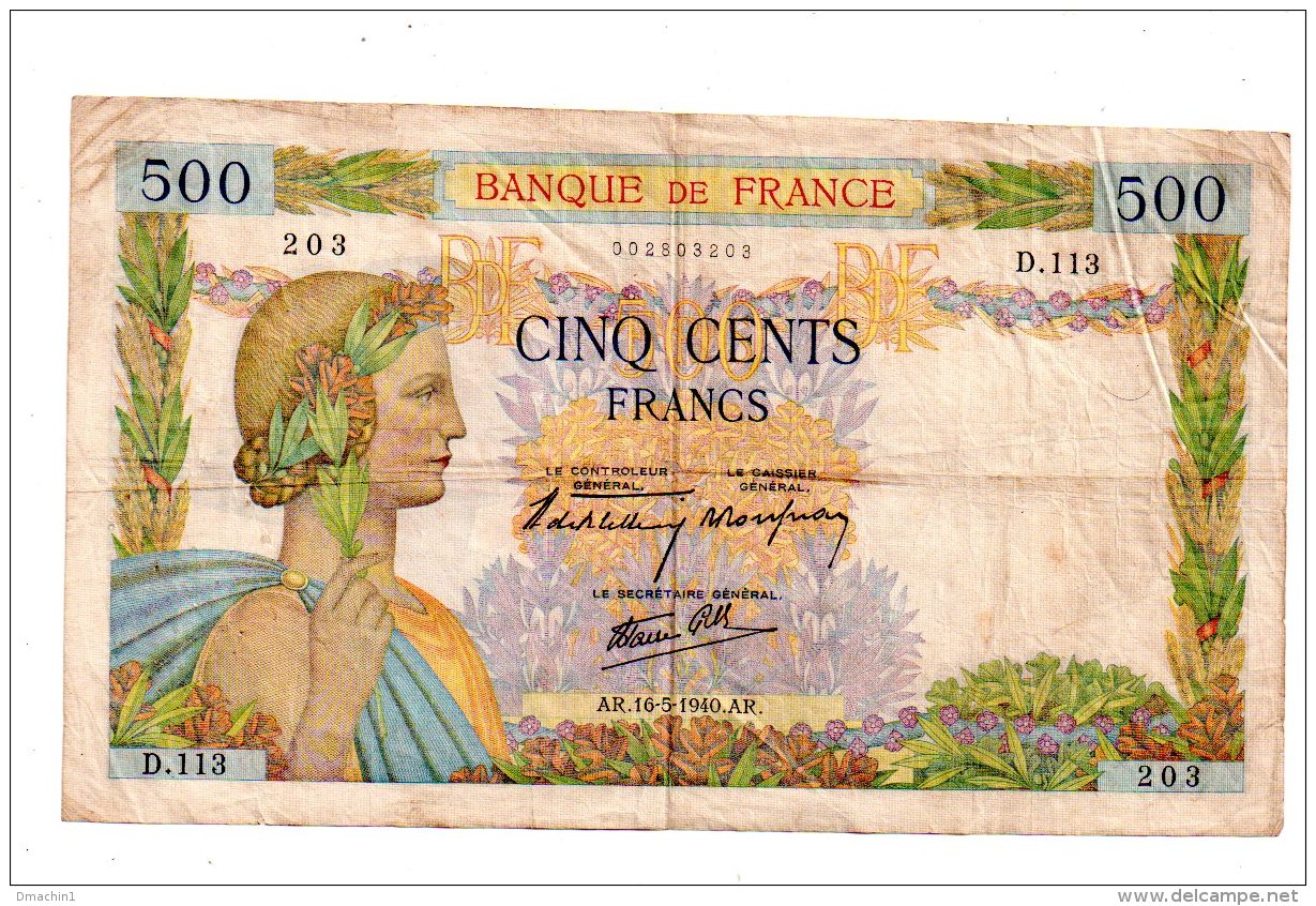 500 Francs - 16-5-1940 --voir état - 500 F 1940-1944 ''La Paix''