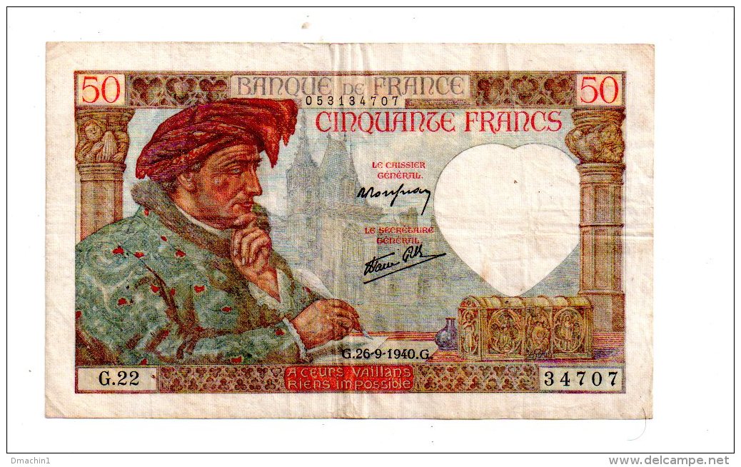 Un Billet De 50 Francs -Jacques Coeur-voir état - 50 F 1940-1942 ''Jacques Coeur''