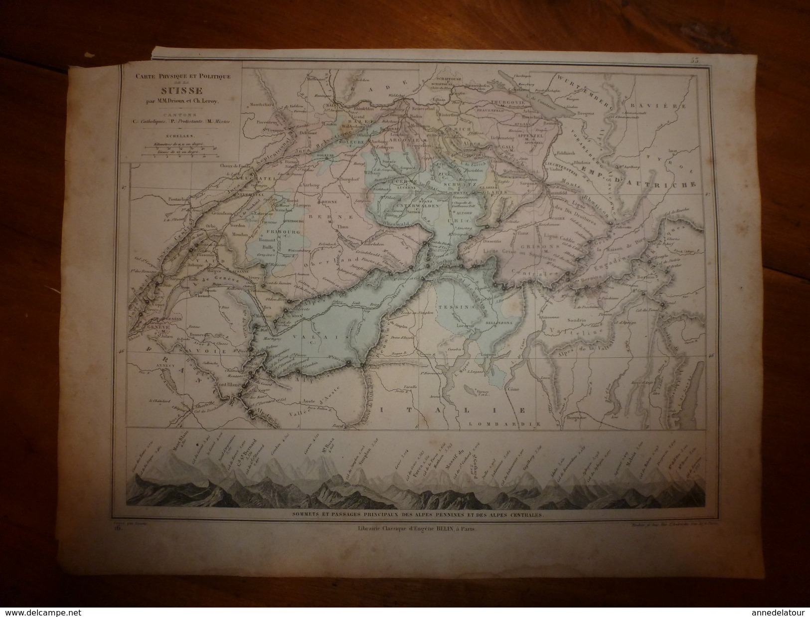 1861 Carte Géographique Physique Politique SUISSE :sommets,passages Principaux Des Alpes Pennines Et Des Alpes Centrales - Cartes Géographiques