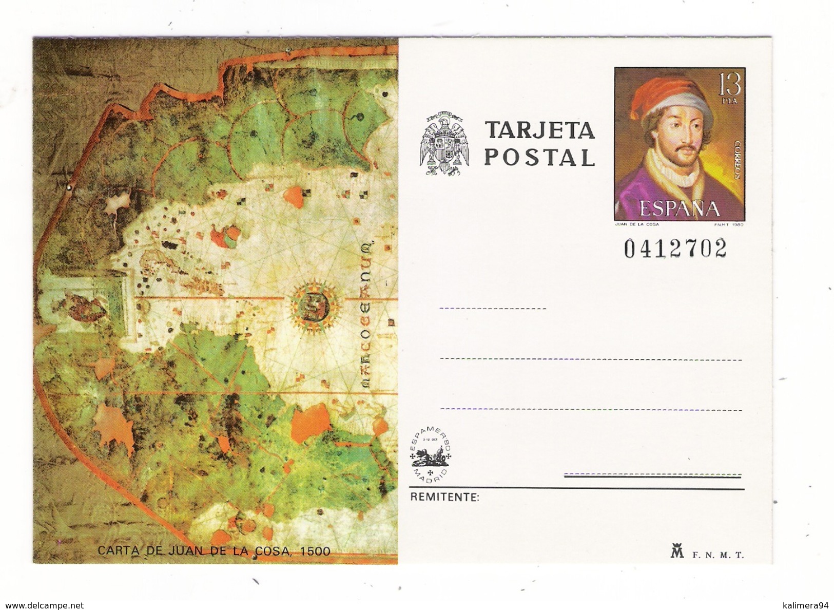 ESPAGNE  1980  /  ENTIER  POSTAL  NEUF  ( Carte Postale Numérotée ) /  CARTA  DE  JUAN  DE  LA  COSA , En 1500 - 1931-....