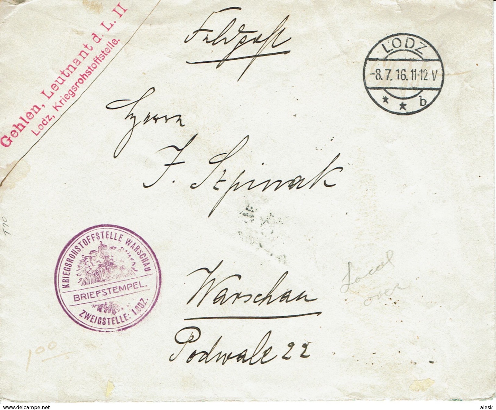 WARSZAWA VARSOVIE Lodz 8 Juillet 1916 Poste Locale Sirène N°10  Feldpost Cachet Militaire Allemand - Briefstempel - Briefe U. Dokumente