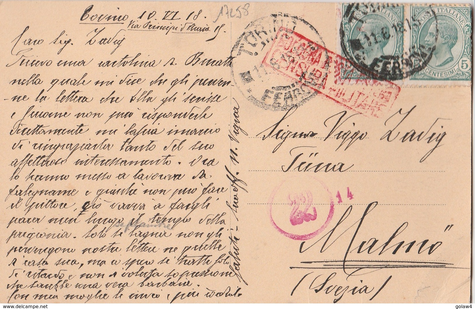 17258# ITALIE CARTE POSTALE CLUB ALPINO ITALIANO CONGRESSO CENSURE Obl TORINO FERROVIA 1918 MALMÖ SVEZIA SUEDE ITALIA - Marcophilia