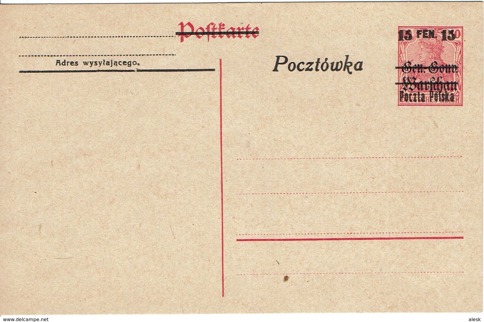 WARSZAWA - VARSOVIE Entier Postal Gen.Gouv.Warchau Surcharge 15 Fen 15 - Poczta Polska - Pocztowska - Neuf - Lettres & Documents