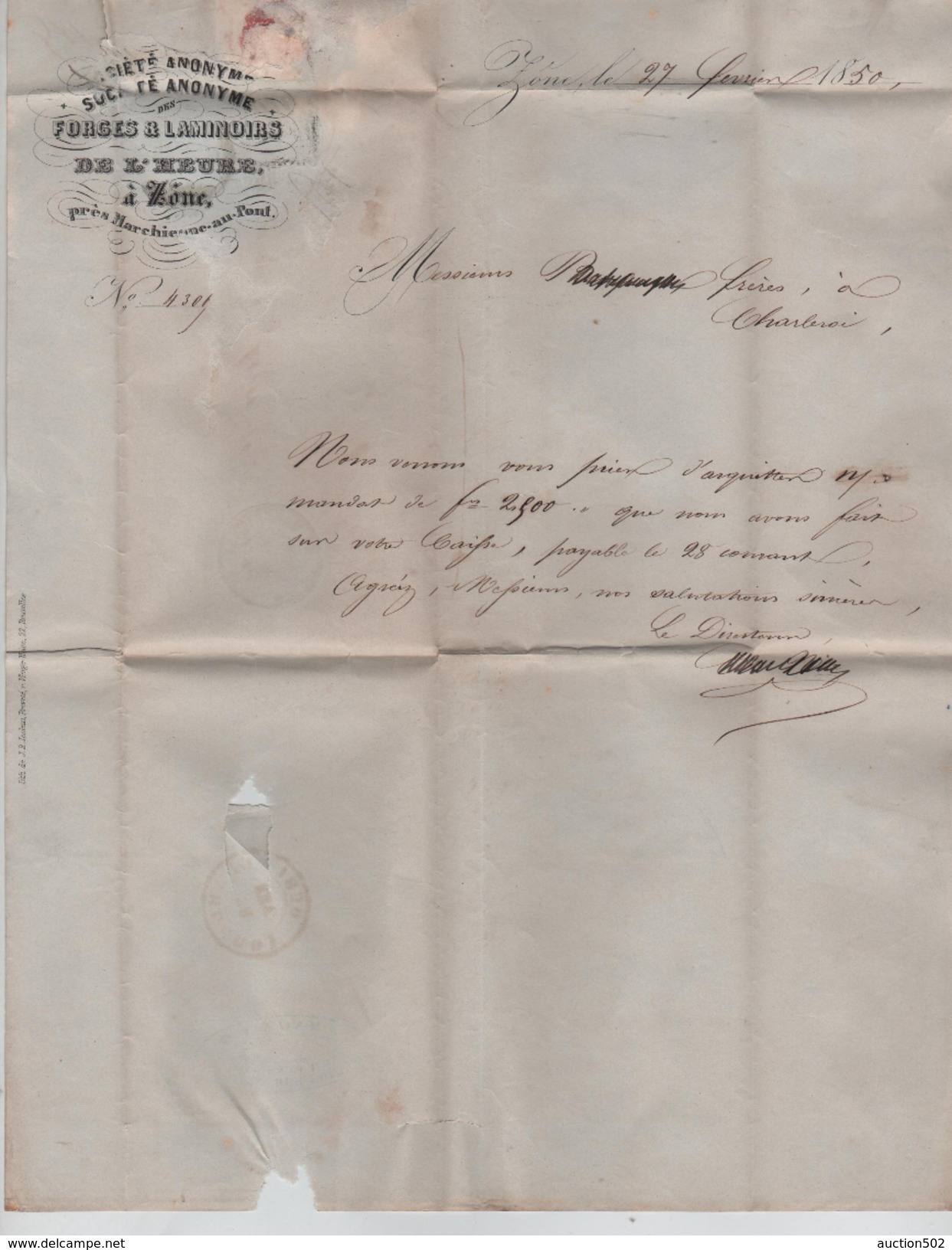 TP 1 S/L.écrite De Zône Obl.Barres+c.Marchienne-Au-Pont 22:2:1850 V.Charleroi C.d'arrivée - Postmarks - Lines: Perceptions