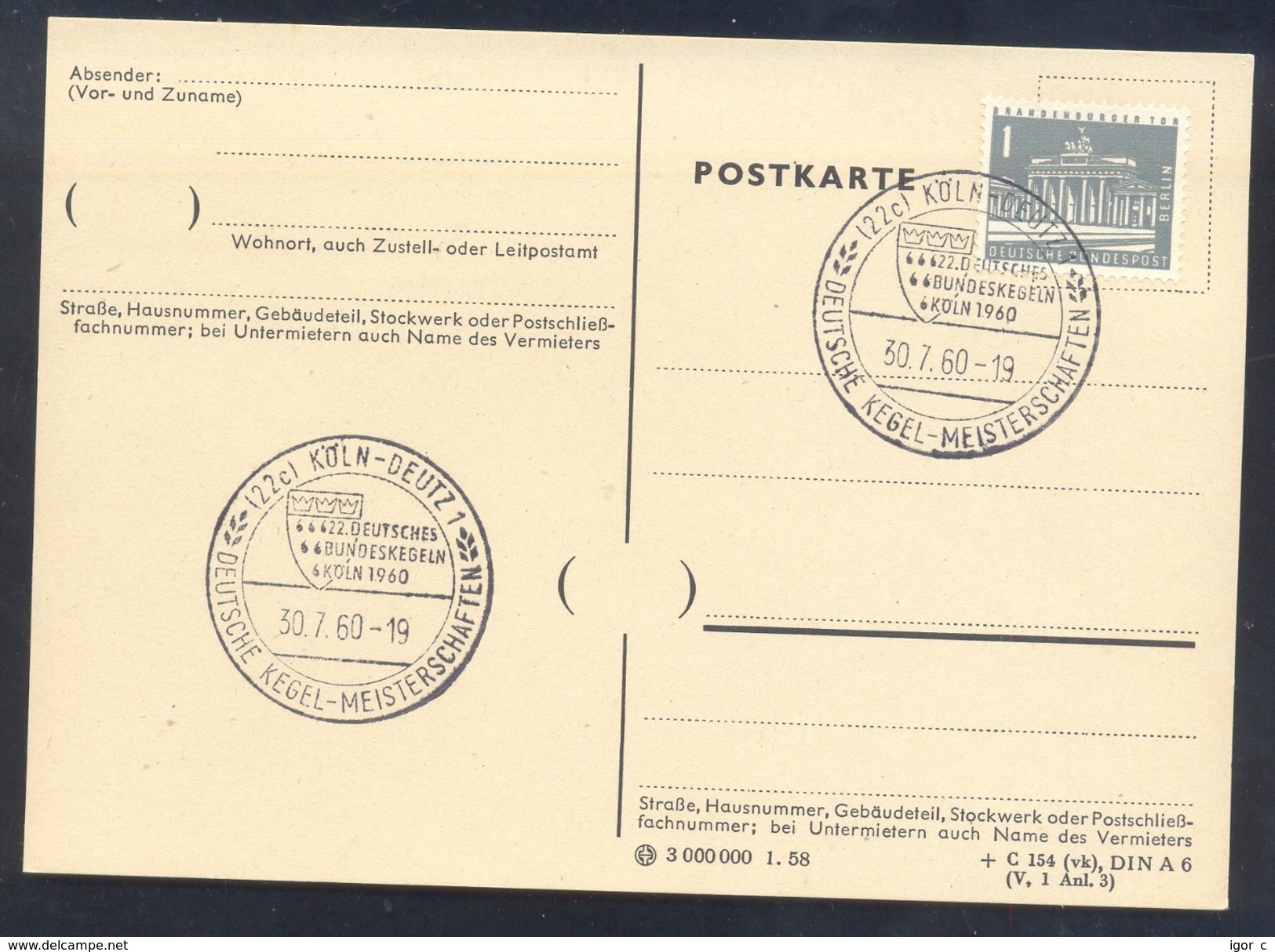 Germany Deutschland 1960 Card: Deutsche Kegel Meisterschaften; Bowling; DKB Deutsche Kegler Bund - Other & Unclassified