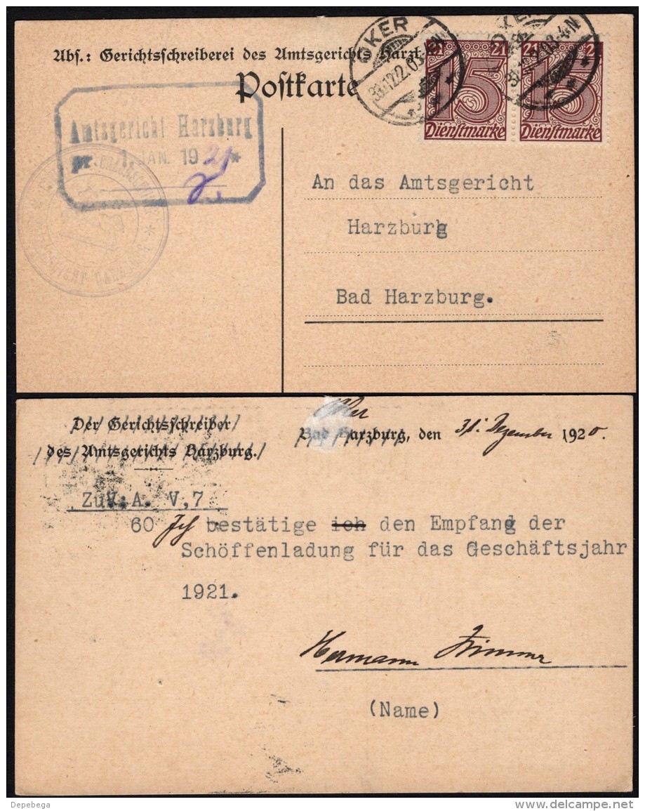 DR. Amtsgericht Harzburg Dienstpostkarte (Mi.18 MeF), Gel. OKER 31.12.1920. - Briefe U. Dokumente
