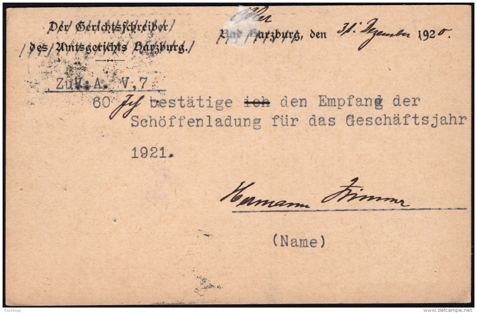 DR. Amtsgericht Harzburg Dienstpostkarte (Mi.18 MeF), Gel. OKER 31.12.1920. - Briefe U. Dokumente