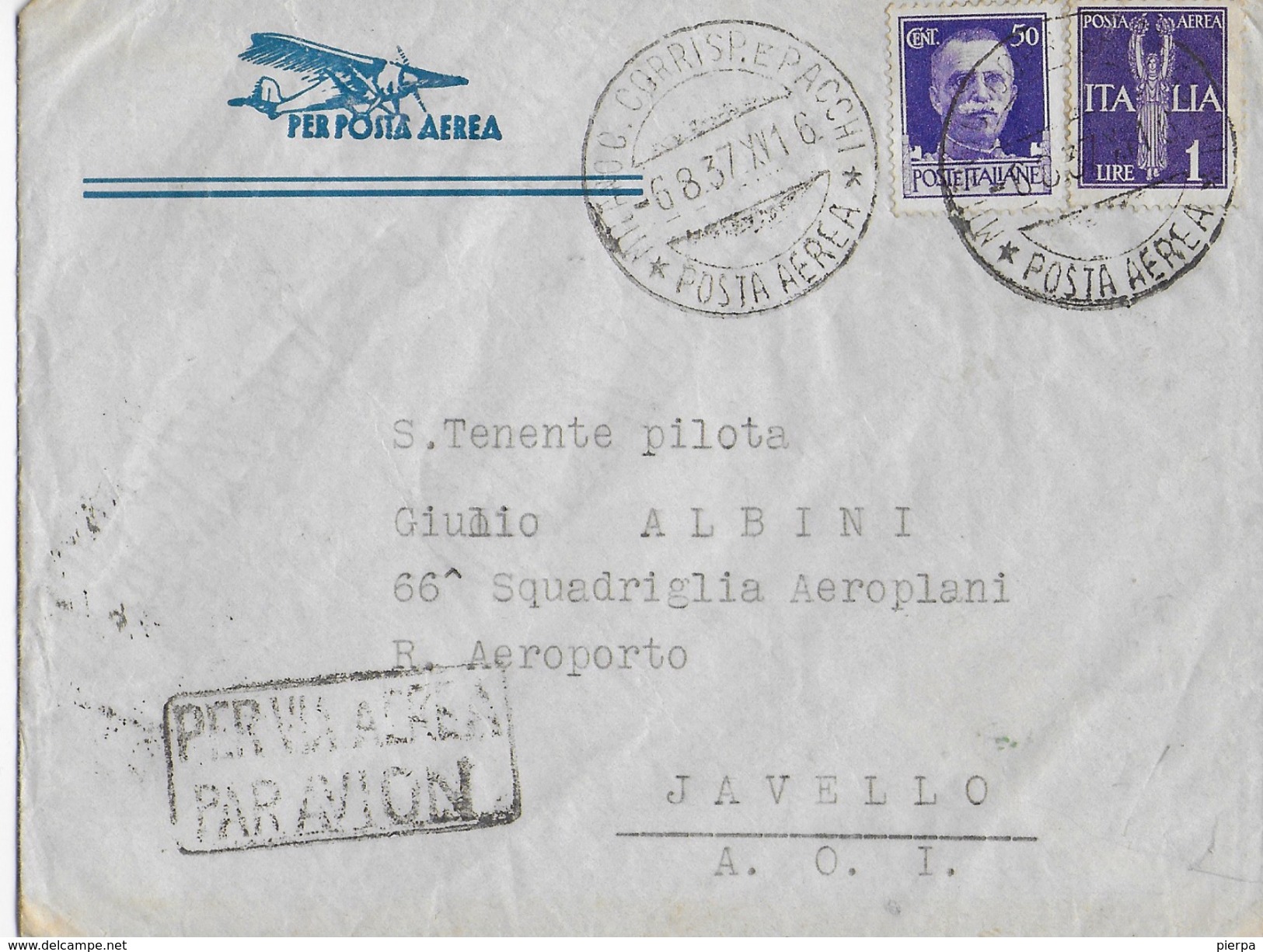 STORIA POSTALE REGNO - BUSTA DIRETTA A MILITARE AEROPORTO JAVELLO (SOMALIA)1937 PER VIA AEREA - Marcophilie (Avions)