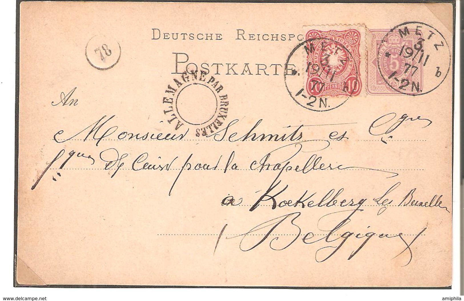 EP. Allemand 5 Pf. + TP Compl. 10pf. Càd METZ 19/11/1877 V.KOEKELBERG -C2c.PASSAGE ALLEMAGNE PAR BXL. RARE Sup. - Bahnpoststempel