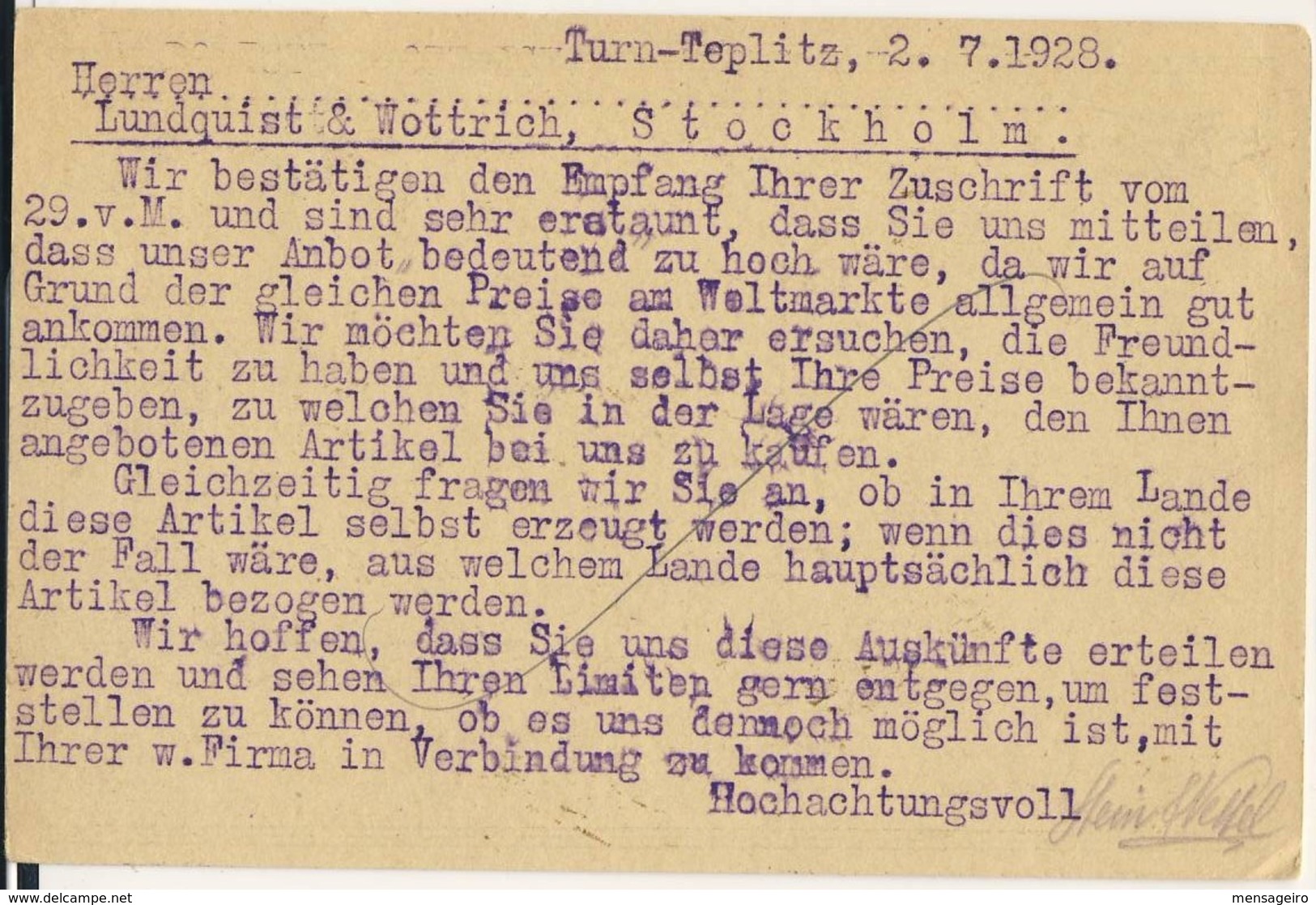 (P68) - TCHECOSLOVAQUIE - UPRATED POSTCARD  - TEPLICE SANOV TEPLITZ SHONAU => SWEDEN 1928 - Briefe U. Dokumente