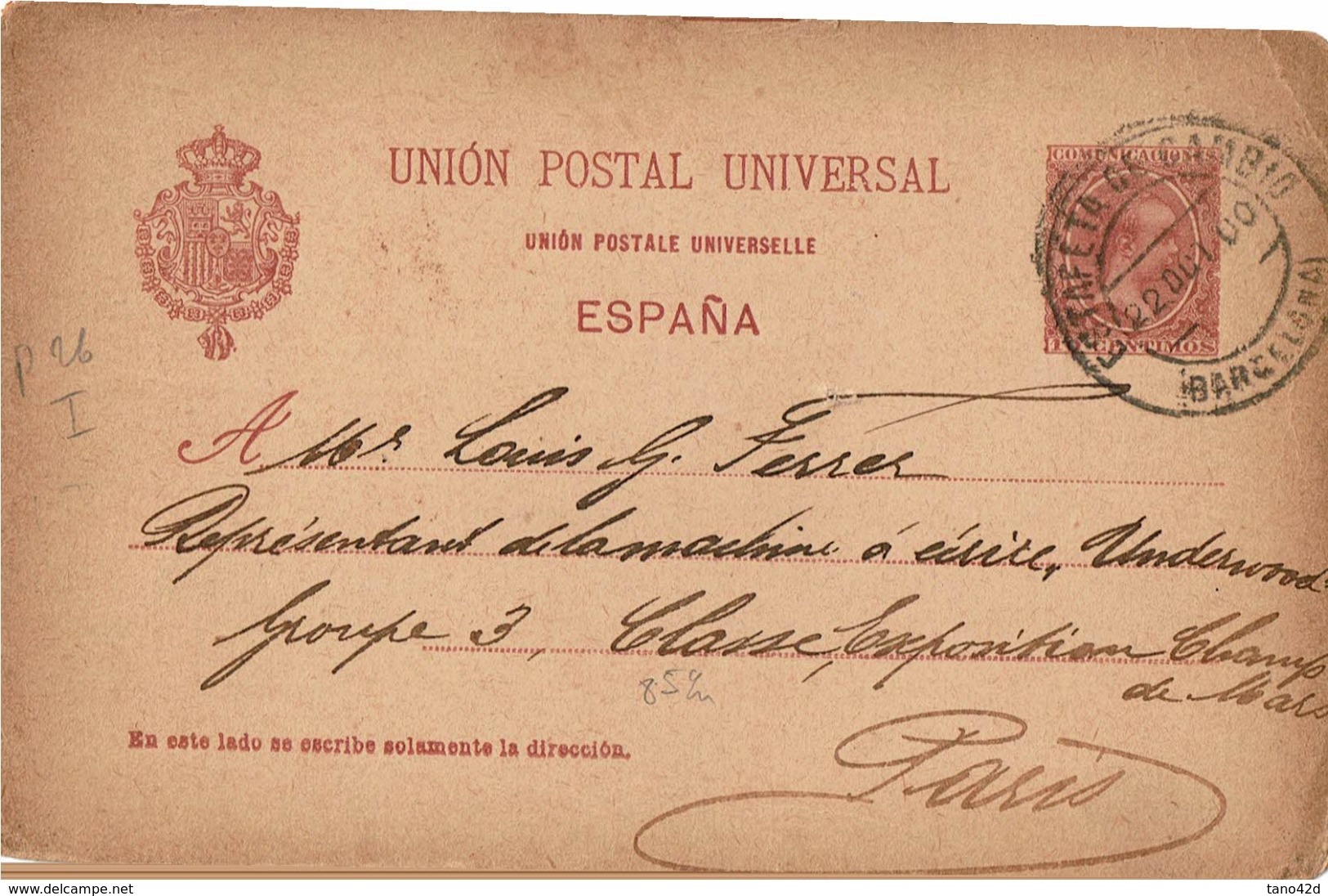 CIRC9- ESPAGNE EP CP ALFONSO XIII PELON 10c VOYAGEE - 1850-1931