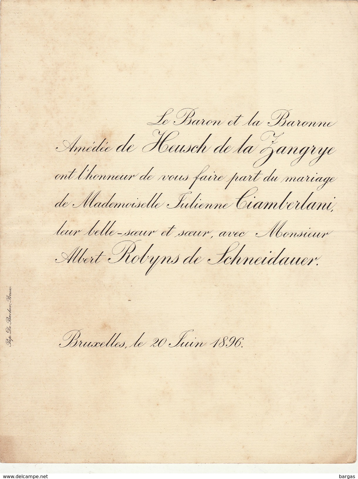 Mariage De Heusch De La Zangrye Ciamberlani Et Robyns De Schneidauer 1896 - Annunci Di Nozze