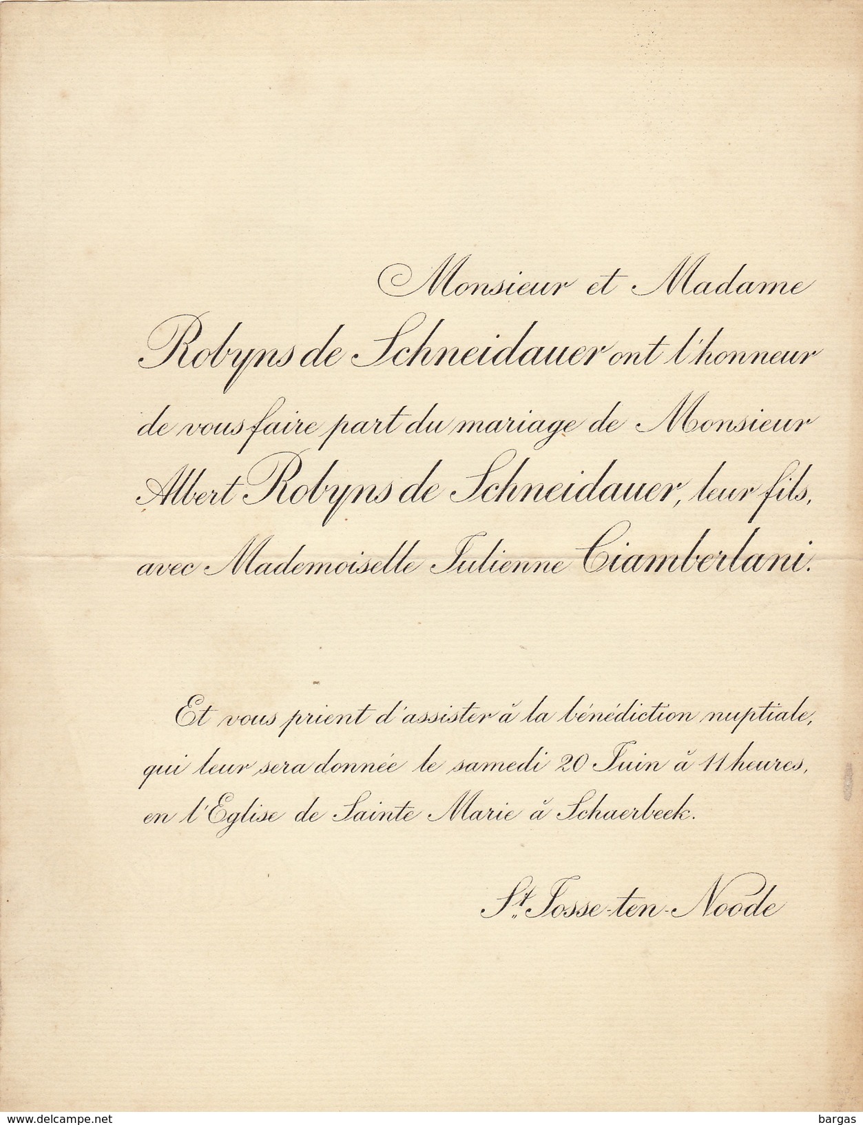 Mariage Robyns De Schneidauer Cianberlani 1896 - Mariage