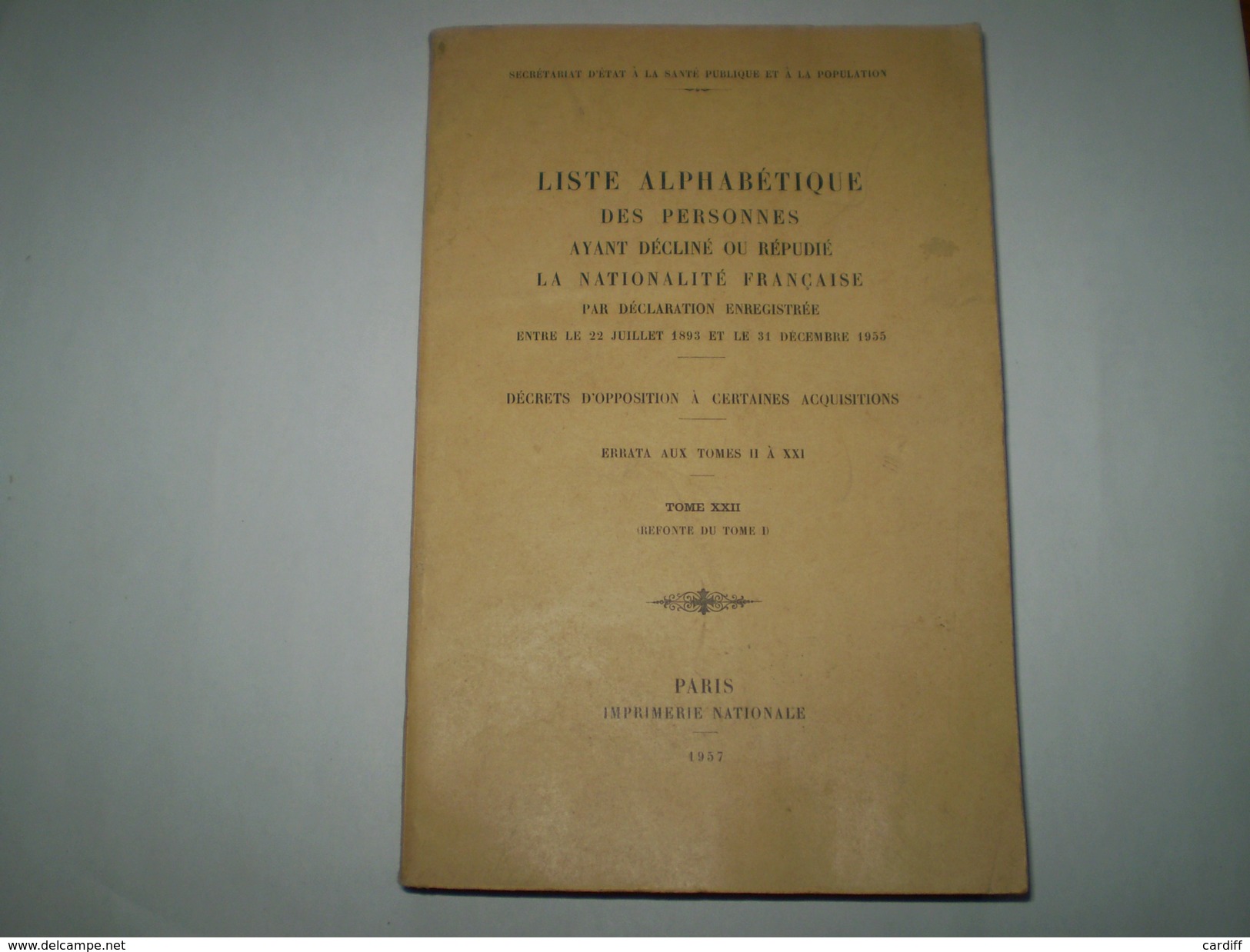 Gros Livre:liste Alphabétique Des Personnes Ayant Décliné Ou Répudié La Nationalité Française Entre 1893 Et 1955 - Autres & Non Classés