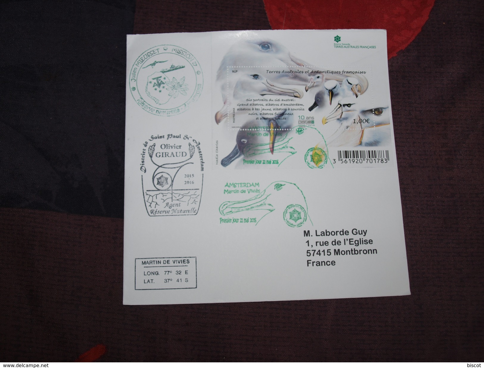 TAAF Saint Paul Et Amsterdam   21 05 2015 1er Jour Albatros Enveloppe 16,2  X  1-,5 Cm - Cartas & Documentos