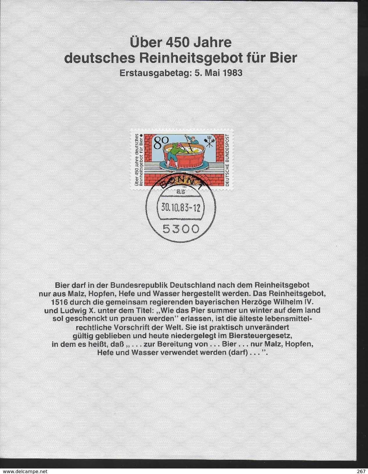 ALLEMAGNE  Carte  Notice 1er Jour  1983 Bieres - Biere