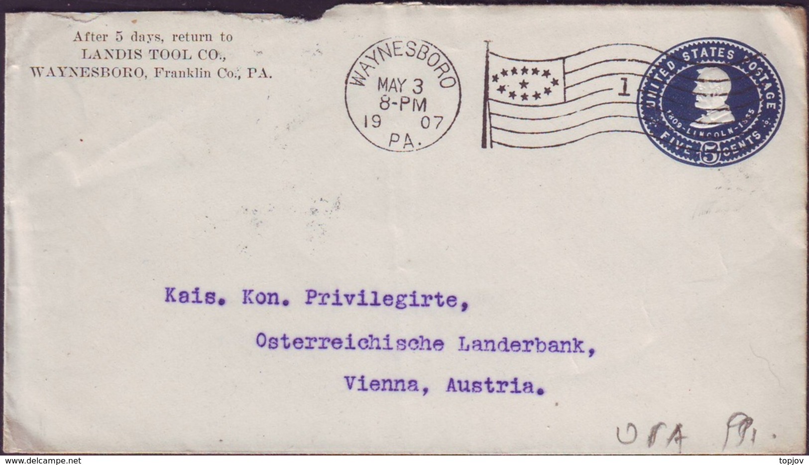 USA - COVERS 5 C U393 - LINCOLN - POSTMARK FLAG WAYNESBORO - 1907 - 1901-20