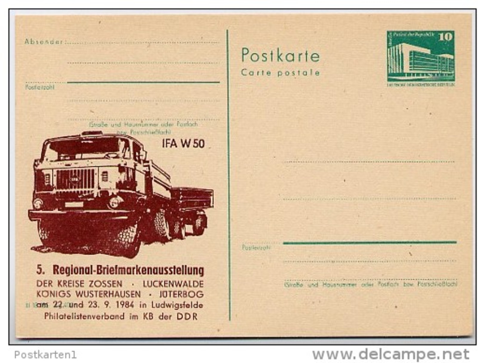 DDR P84-47-84 C94 Postkarte Zudruck LASTKRAFTWAGEN W50 Ludwigsfelde 1984 - Postales Privados - Nuevos