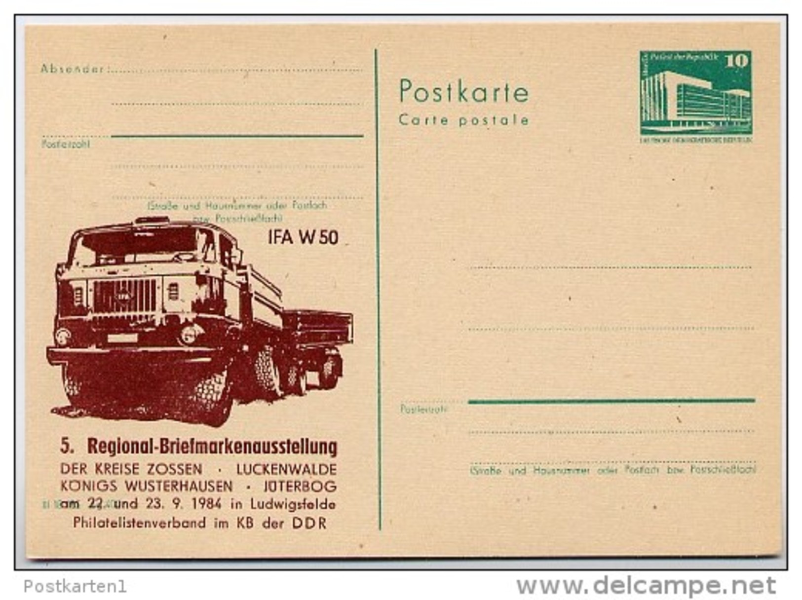 DDR P84-47-84 C94 Postkarte Zudruck LASTKRAFTWAGEN W50 Ludwigsfelde 1984 - Cartes Postales Privées - Neuves