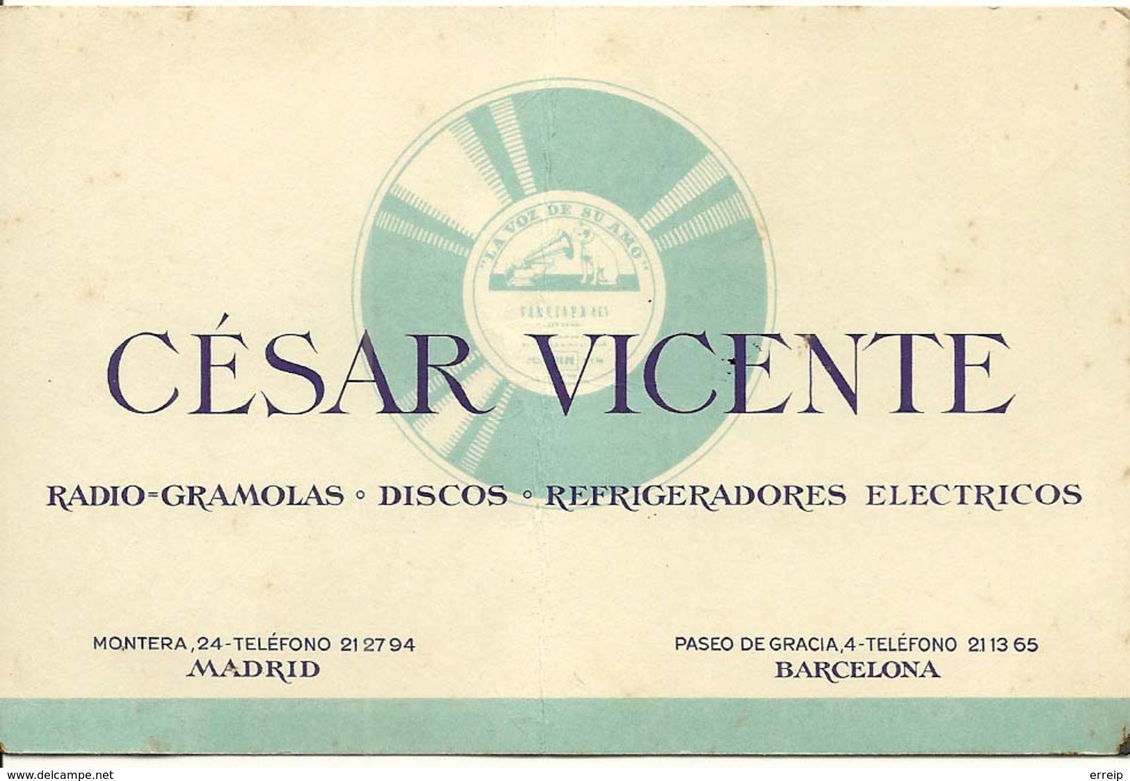 Cesar Vicente Radio Gramolas Discos Refrigeradores Electricos   Barcelona Carte De Visite - Tarjetas De Visita