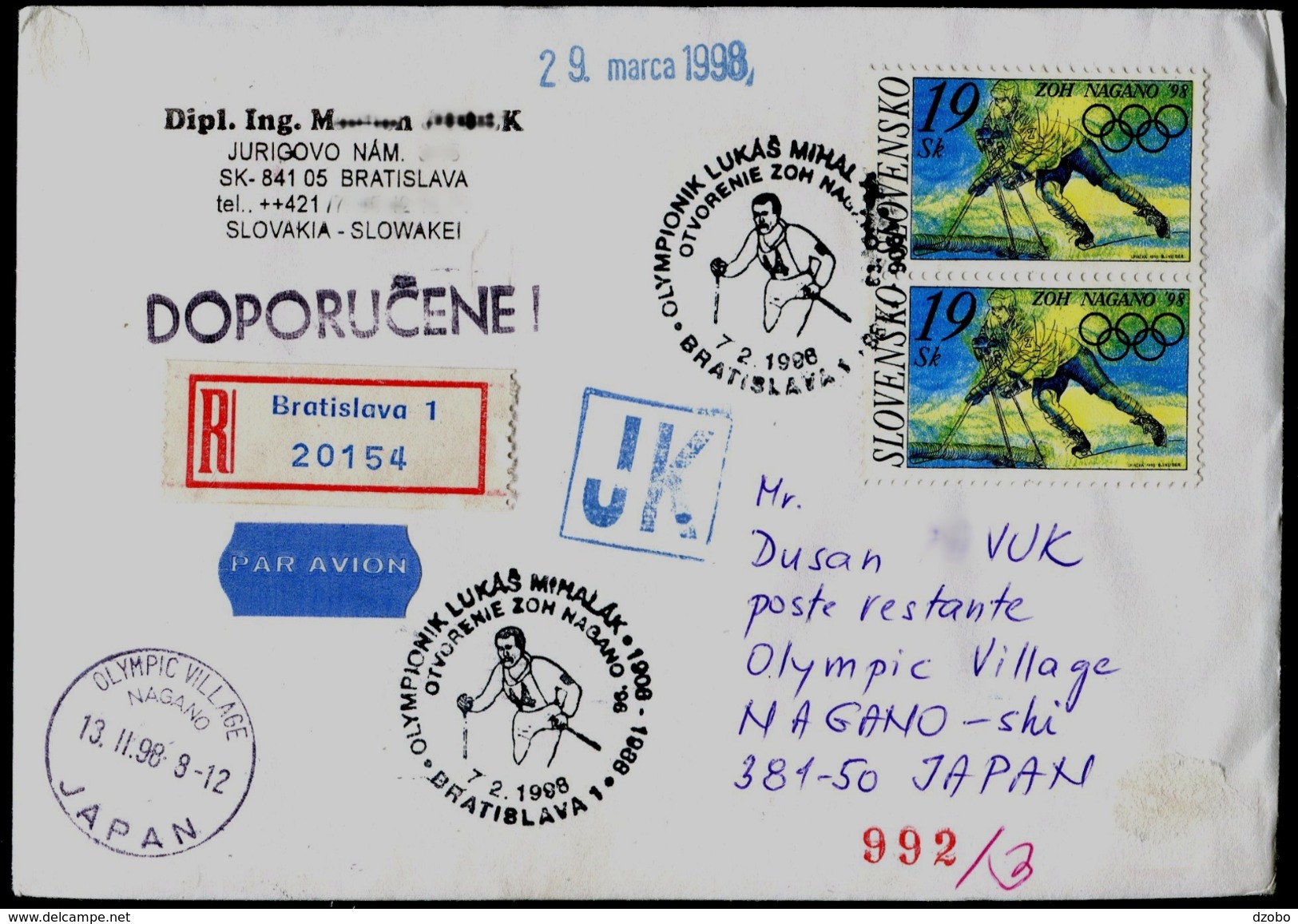 536-SLOVAKIA R-Brief-letter NAGANO Olympiade-Olympia Abfahrt Team-departure Of The Team 1998 Commemorative Stamp 1998 - Winter 1998: Nagano