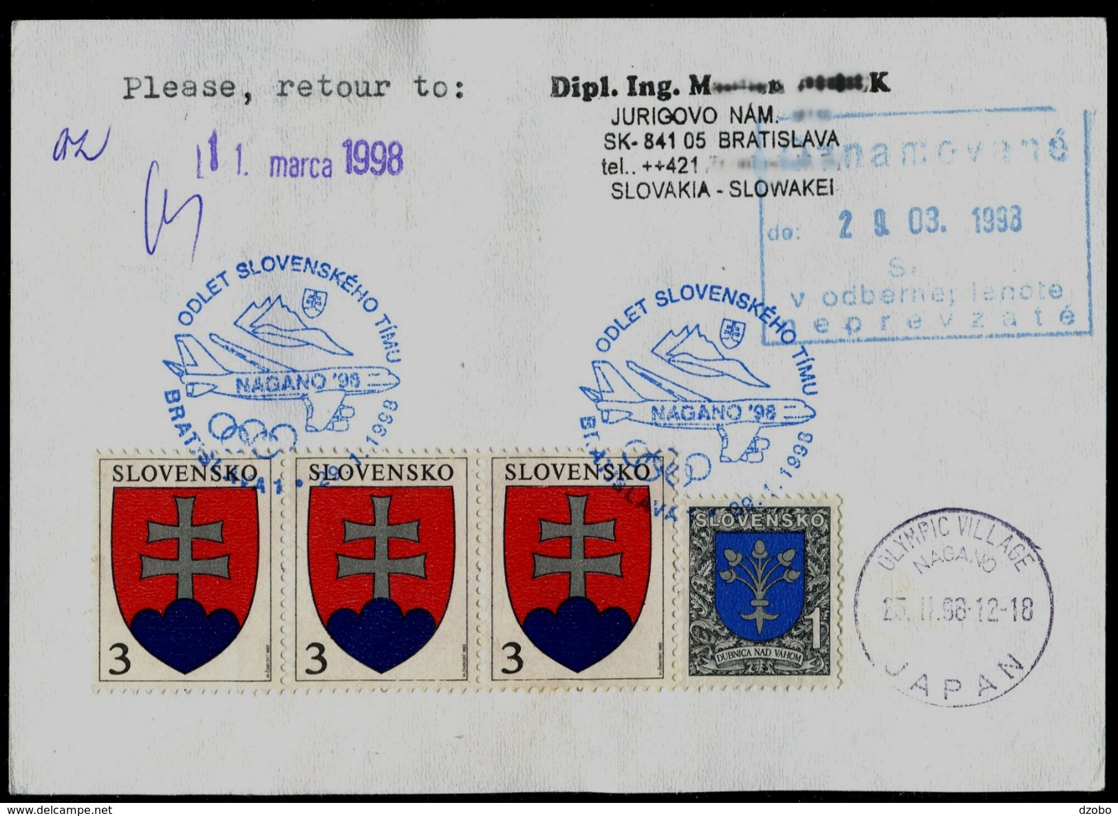 538-SLOVAKIA R-Prepaid Postal Card-with Imprint  NAGANO Olympia Abfahrt Team-departure Of The Team Commemorat Stamp 1998 - Winter 1998: Nagano