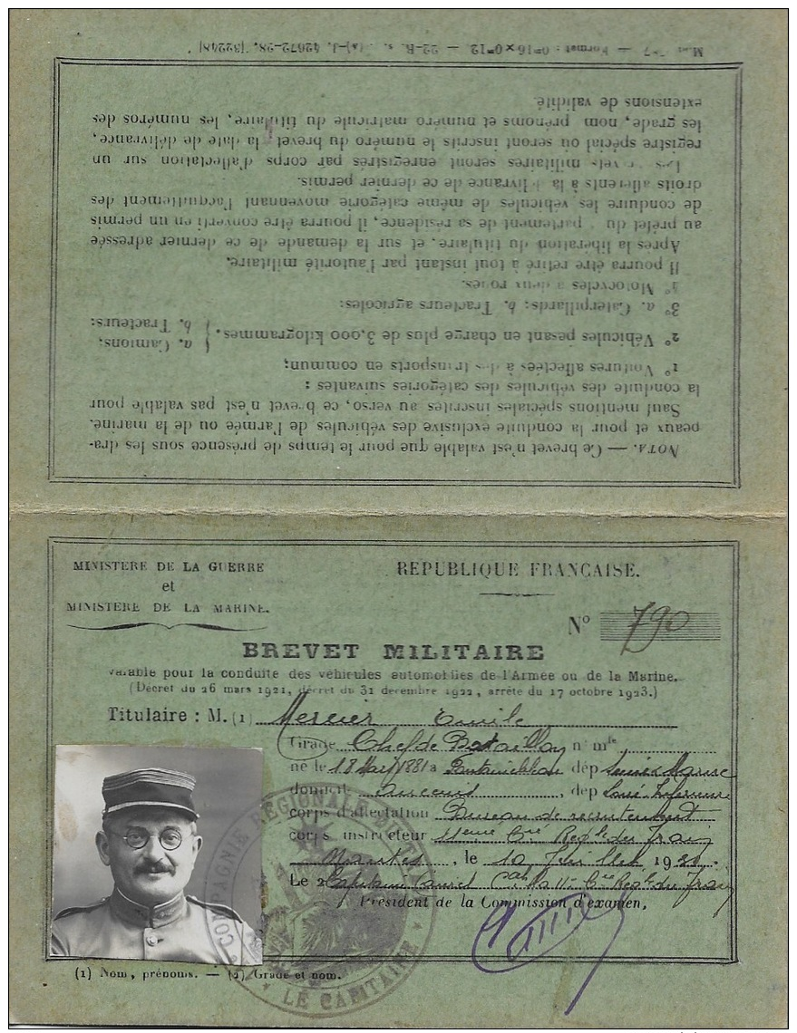 Brevet Militaire Pour La Conduite Des Véhicules Automobiles De L'armée Ou De La Marine, 1931 - Documents Historiques