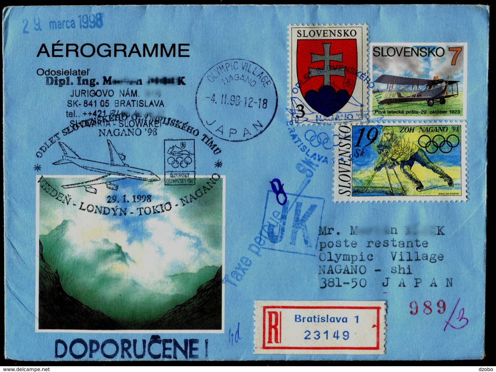 539-SLOVAKIA R-aérogramme-with Imprint  NAGANO Olympiade-Olympia Abfahrt Team-departure Of The Team Commemor. Stamp 1998 - Invierno 1998: Nagano