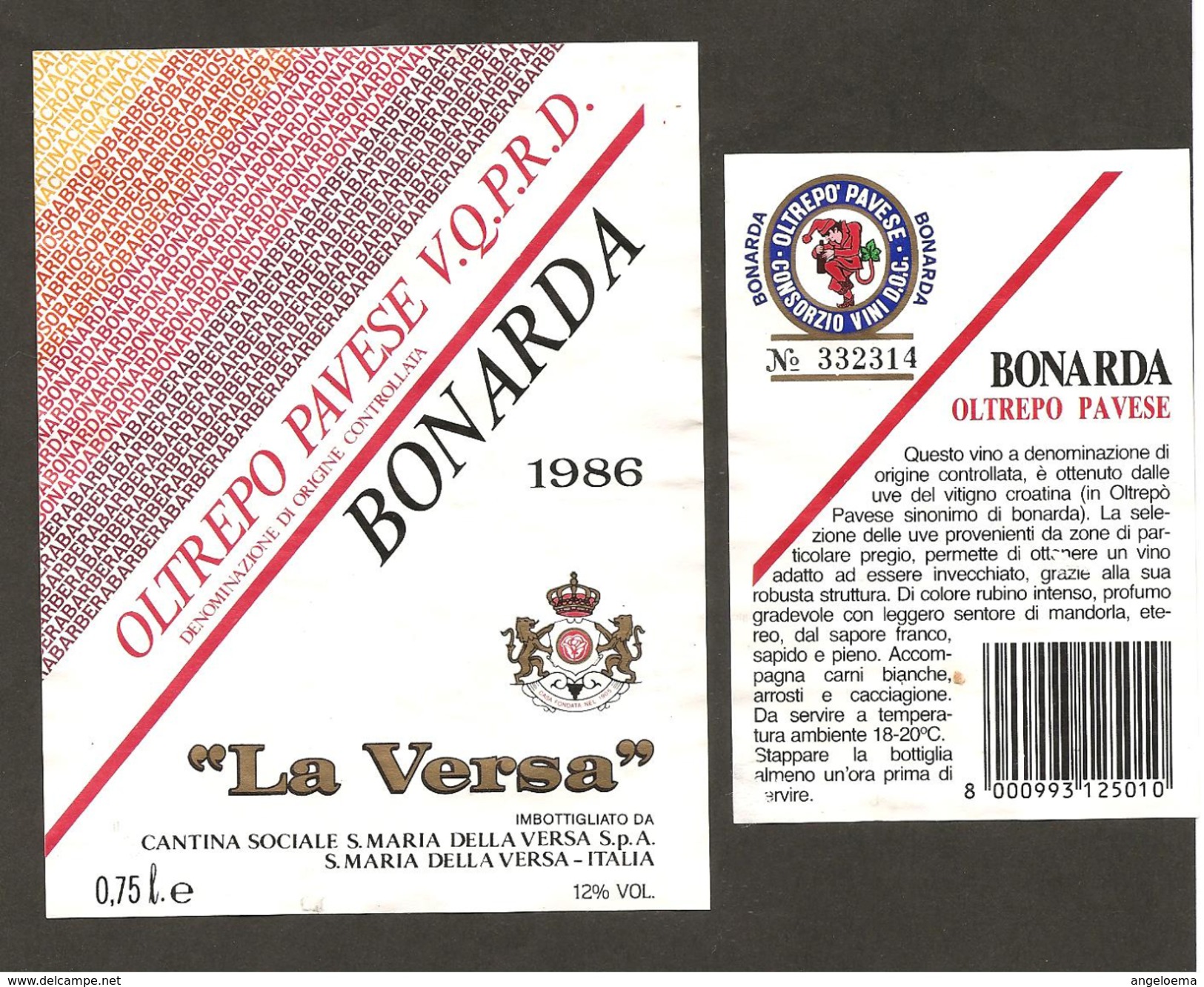 ITALIA - Etichetta Vino BONARDA OLTREPO PAVESE Doc 1986 Cantina S. MARIA DELLA VERSA Rosso Di LOMBARDIA - Vino Rosso