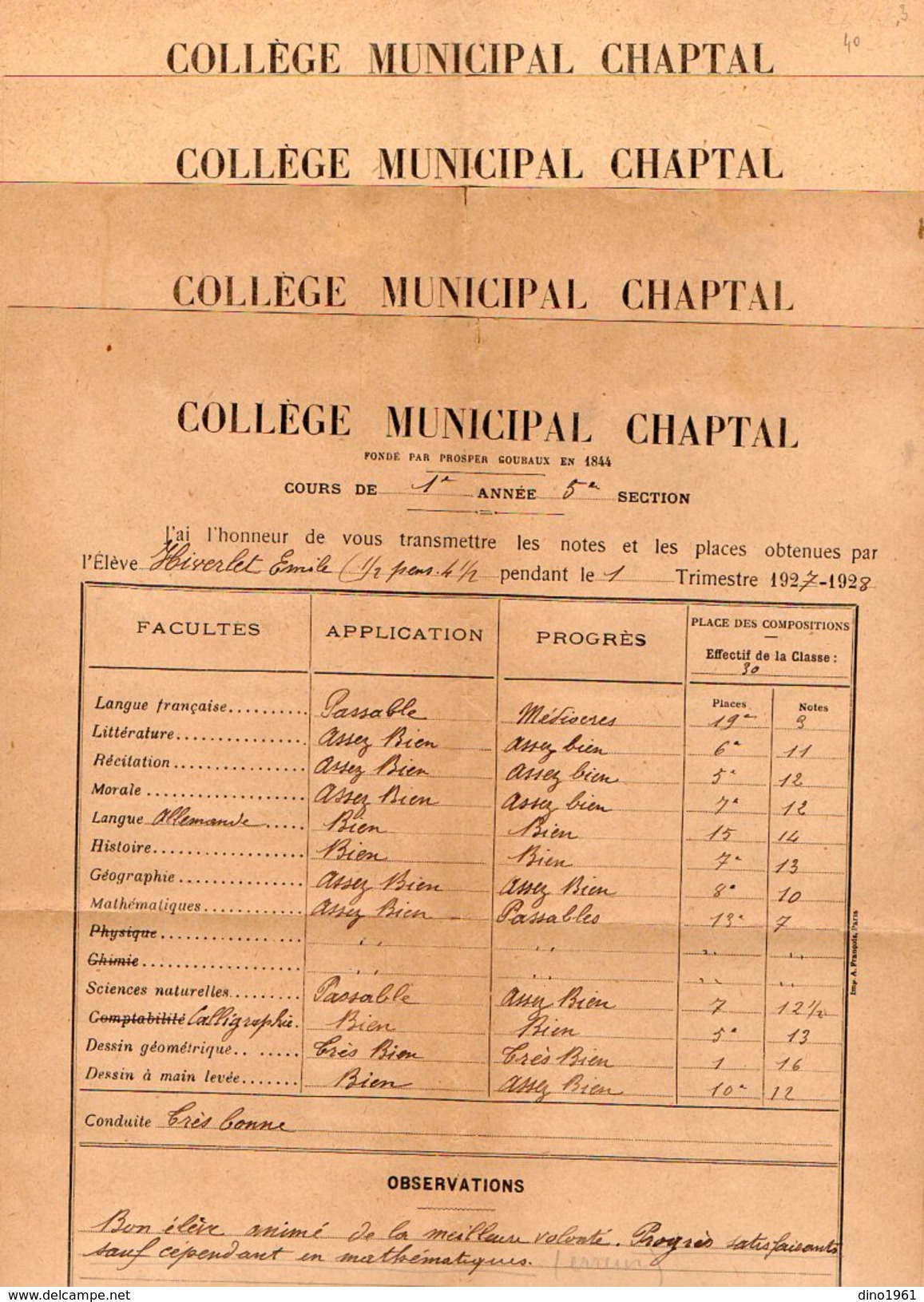 VP9028 - Ville De PARIS - Collège Municipal CHAPTAL - 9 Bulletins Scolaires  De Mr HIVERLET - Diplomi E Pagelle