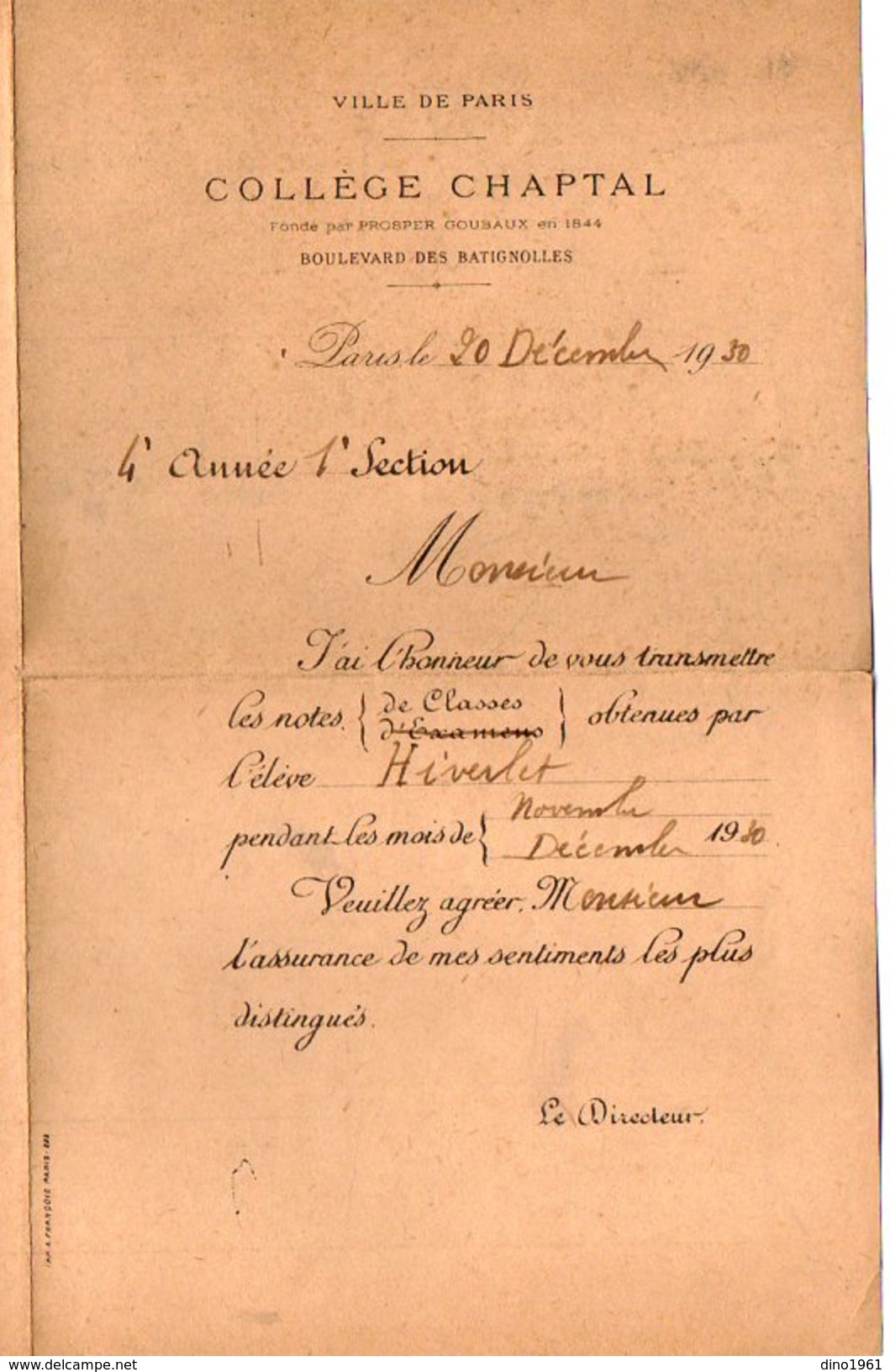 VP9028 - Ville De PARIS - Collège Municipal CHAPTAL - 9 Bulletins Scolaires  De Mr HIVERLET - Diplômes & Bulletins Scolaires