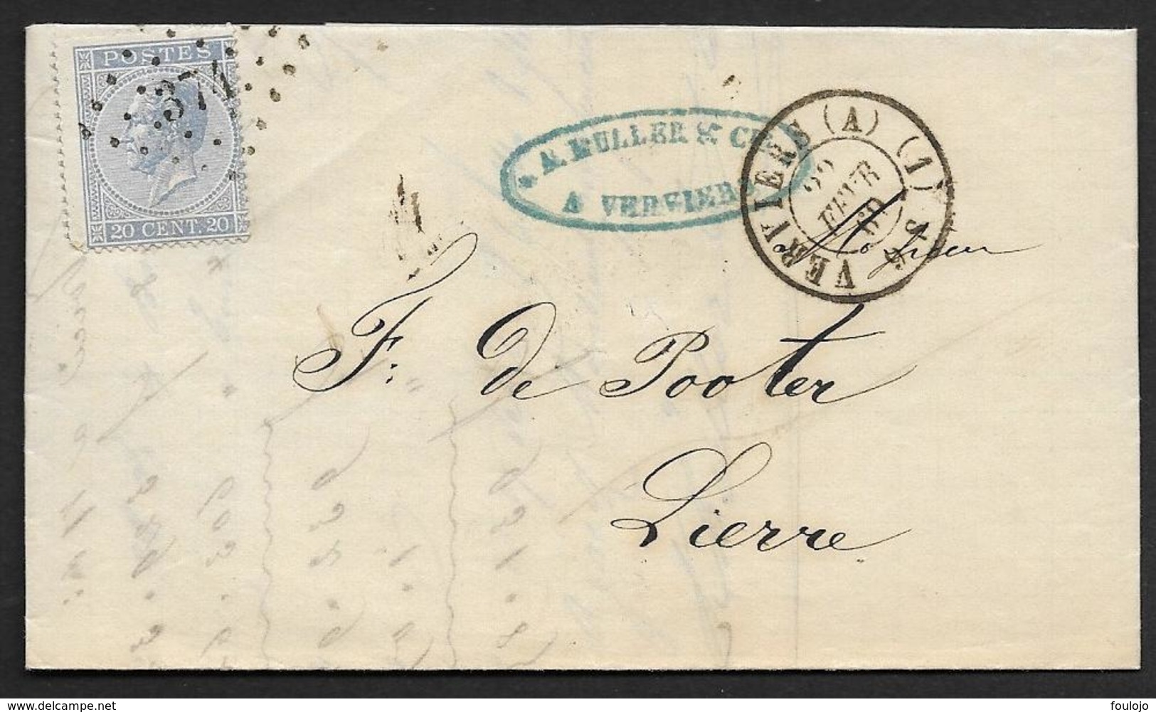 18A Sur Lettre De Verviers à Lierre LP 374 Cachet à Date DC 22 Fevr. 1869 (Nic 409) - 1865-1866 Linksprofil