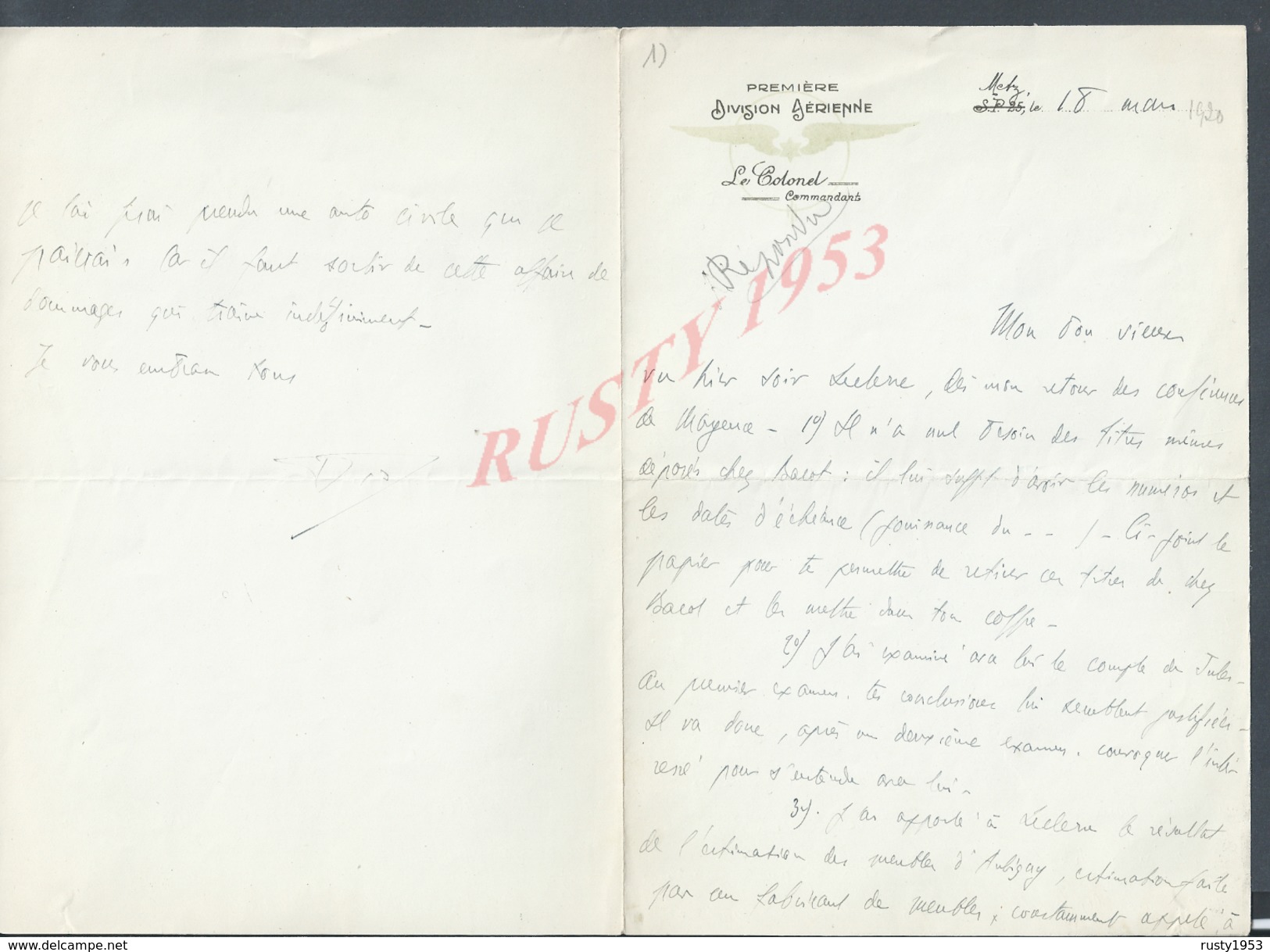 MILITARIA LETTRE MILITAIRE AVIATION PREMIÈRE DIVISION AÈRIENNE LE COLONEL COMMANDANT À METZ 1920 : - Aviation