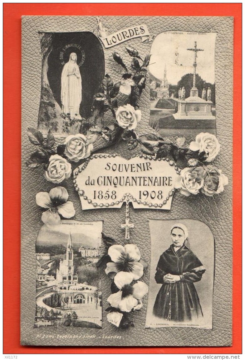 IAK-10  Souvenir Du Cinquantenaire 1858-1908 Lourdes, Vierge Marie. Multivues. Circulé - Lieux Saints