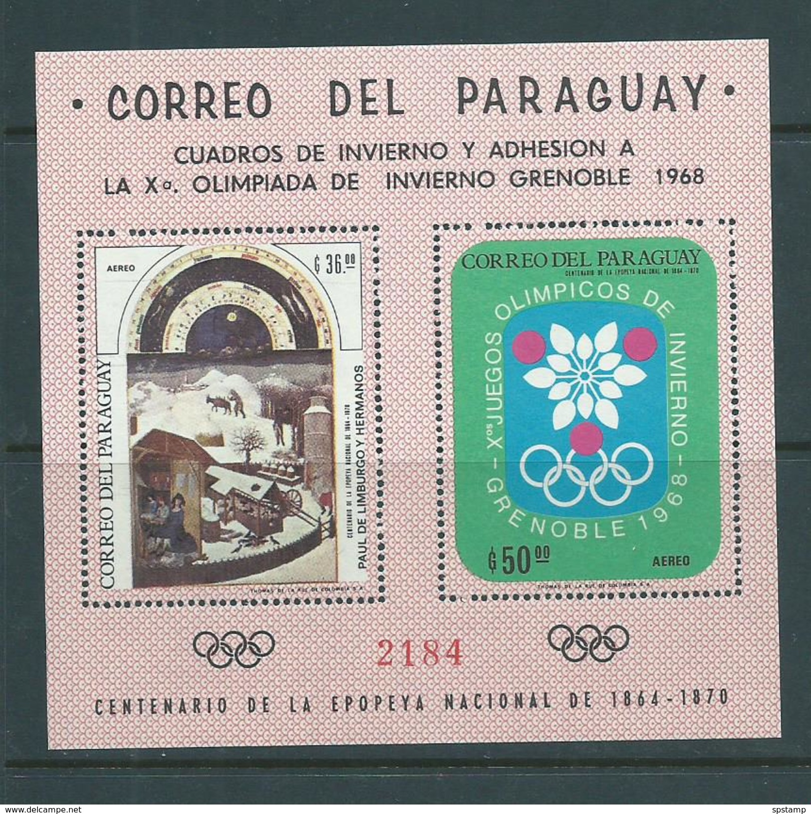 Paraguay 1968 Grenoble Winter Olympics Miniature Sheet MNH - Paraguay