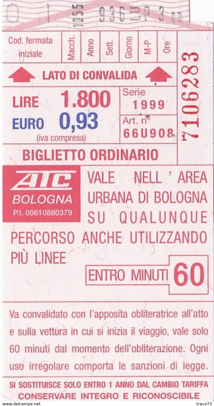 BOLOGNA /  BIGLIETTO ORDINARIO  - AUTOBUS - Doppio Valore _ Lire 1.800 Euro 0,93 - Europa