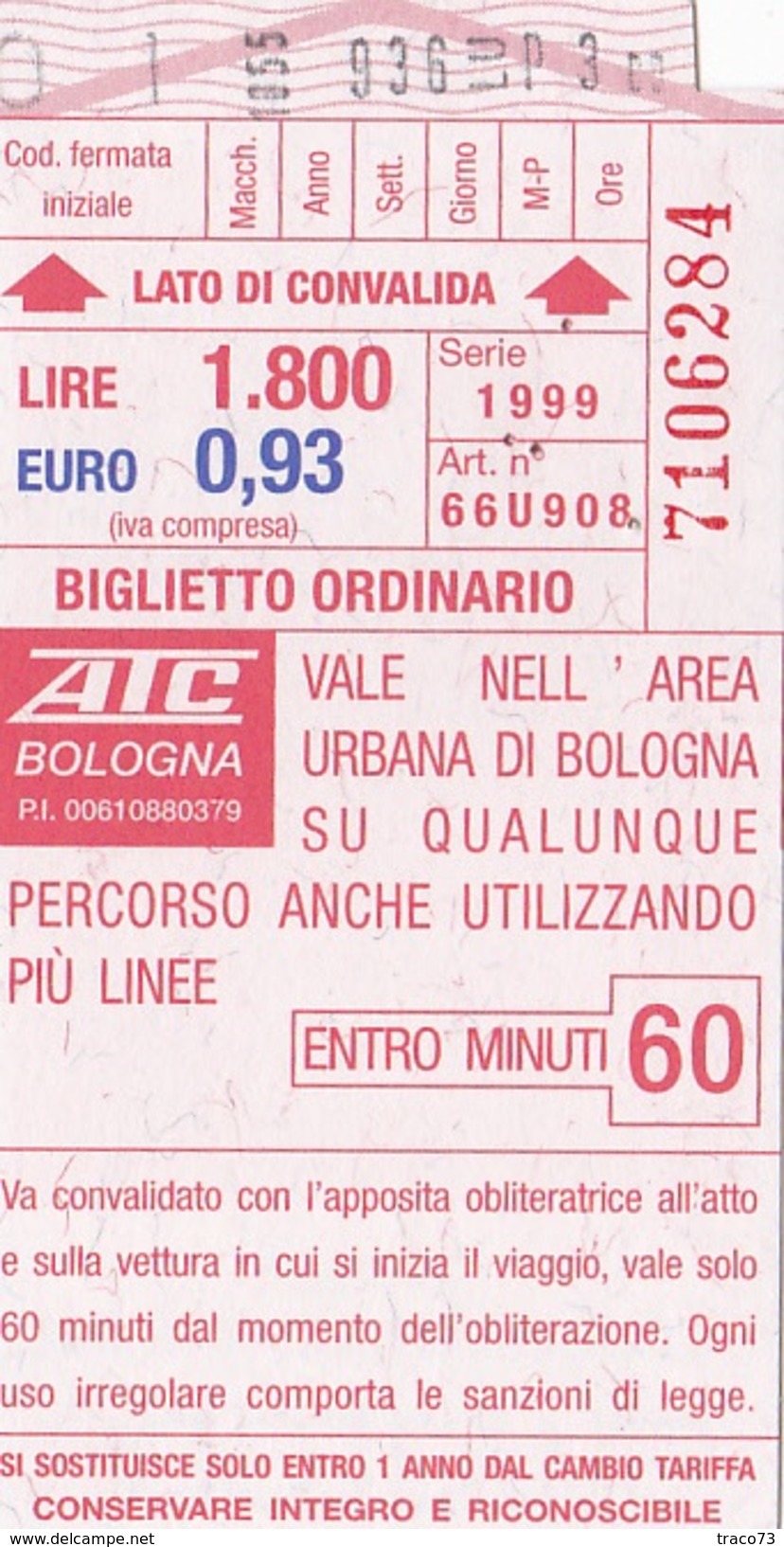 BOLOGNA /  BIGLIETTO ORDINARIO  - AUTOBUS - Doppio Valore _ Lire 1.800 Euro 0,93 - Europa