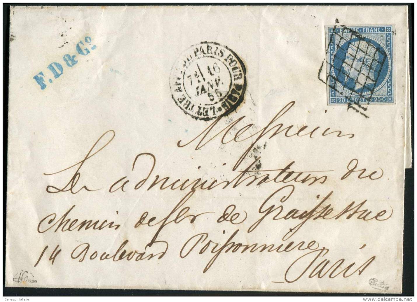 14A  20c. Bleu, T I, Obl. GRILLE S. LSC, C&agrave;d LETTRE AFFIE PARIS Pour PARIS 16/1/55, TB. J - Autres & Non Classés