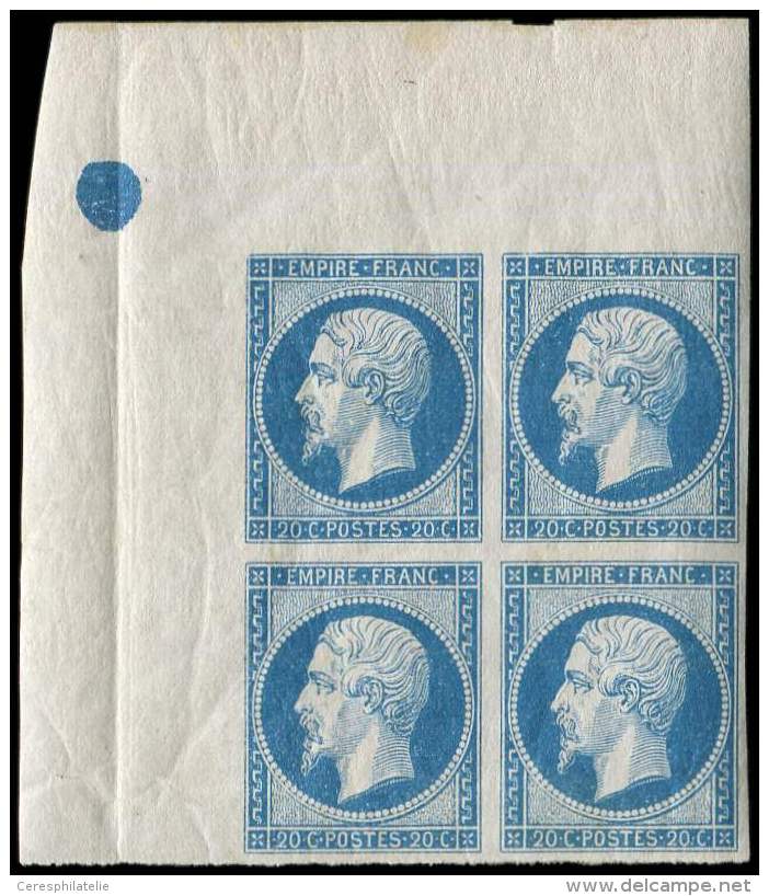 14A  20c. Bleu, T I, BLOC De 4 COIN De FEUILLE Avec ROND BLEU, Un Ex. *, RR Et Superbe - Autres & Non Classés